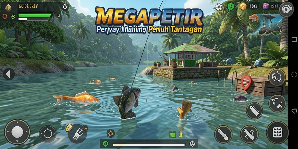 Screenshot gameplay MEGAPETIR menunjukkan aksi memancing yang mengasyikkan.