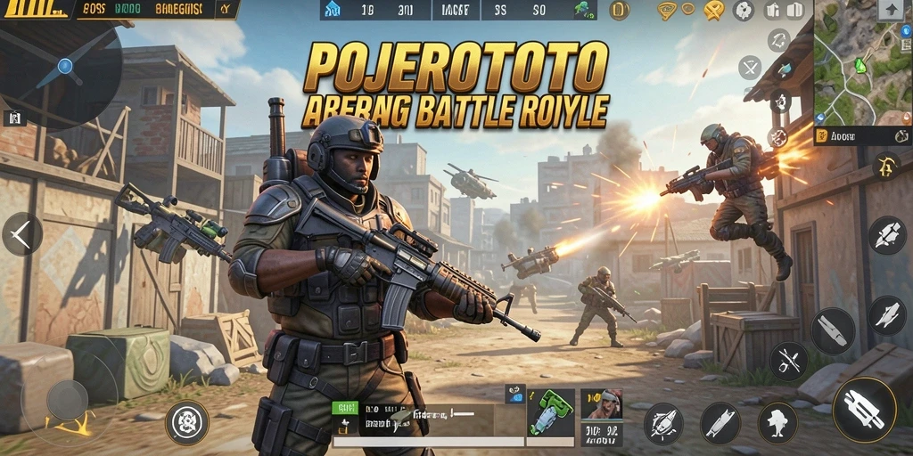 Screenshot POJEROTOTO menampilkan aksi intens di arena Battle Royale.