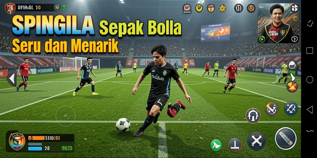 Screenshot gameplay SPINGILA menampilkan aksi pertandingan sepak bola yang intens.